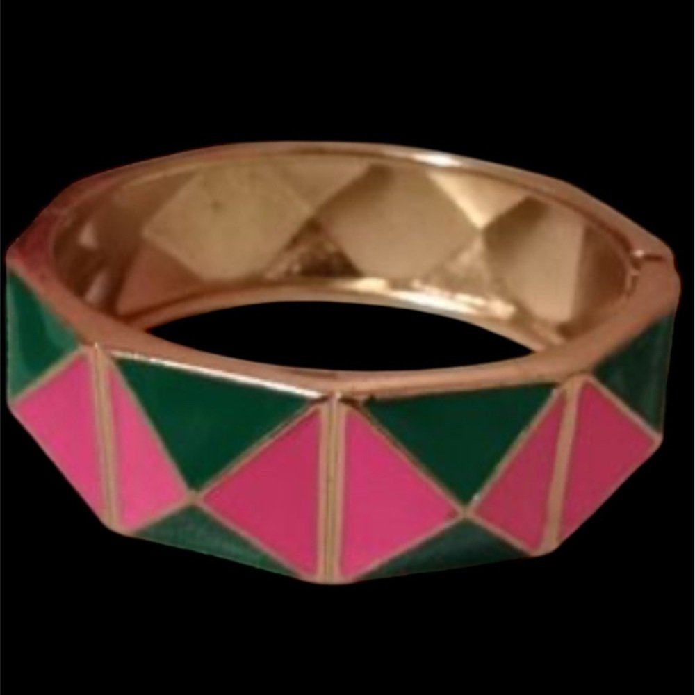 Vintage style Geometric Pink and Green hinge cuff Bangle - Picture 1 of 6